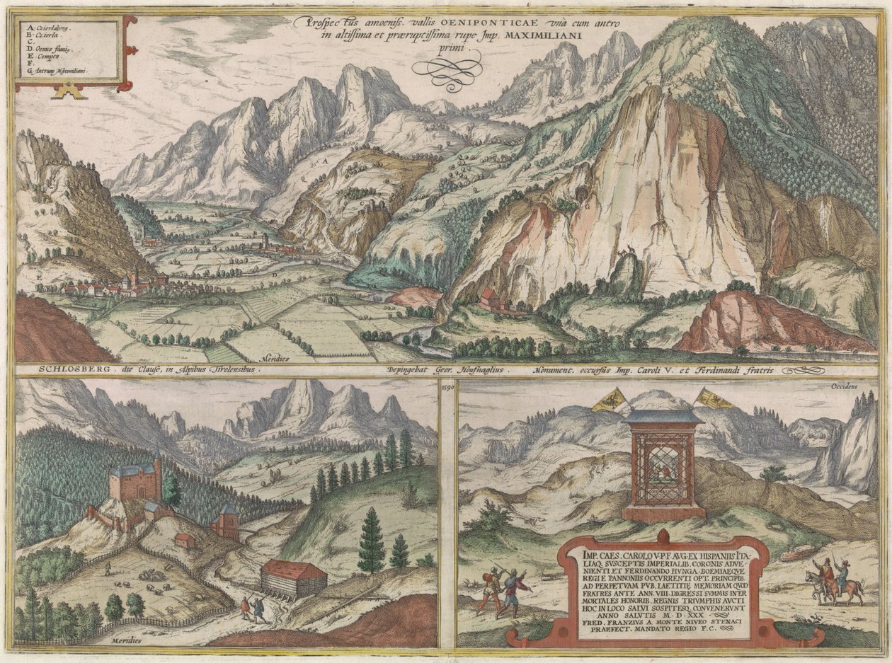 Drie gezichten in en rond het dal van de Inn in Oostenrijk, met de Alpen op de achtergrond door Jacob Hoefnagel (possibly)