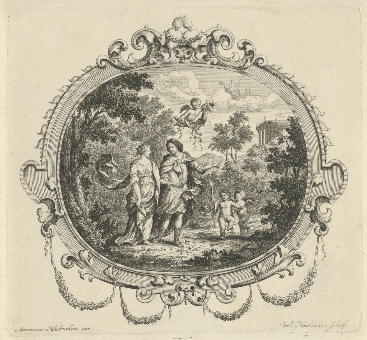 Wandelend paar vergezeld door putti door Jacob Houbraken