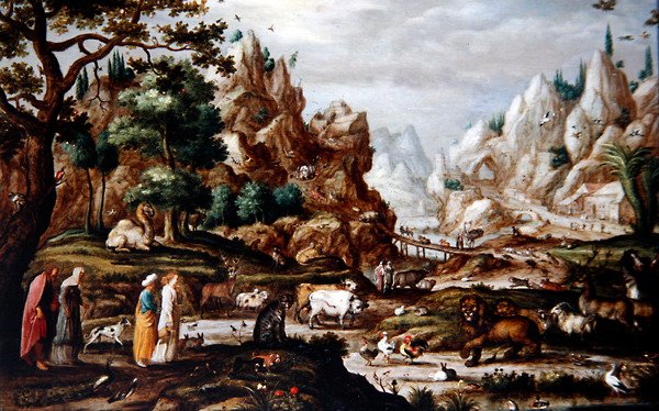 Een rotsachtig landschap met Noach en de dieren door Jacob II (circle of) Savery