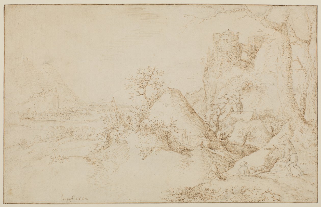 Landschap met twee boeren en een hond, ca. 1525-69 door Jacob I Savery