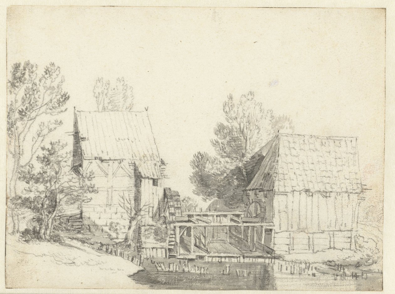 Uitzicht op twee watermolens door Jacob Isaacksz van Ruisdael (school of)