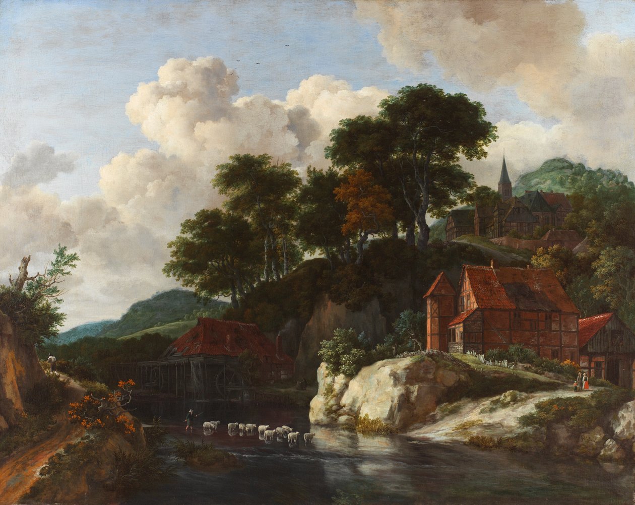 Heuvelachtig landschap met een watermolen, ca. 1670 door Jacob van Ruisdael