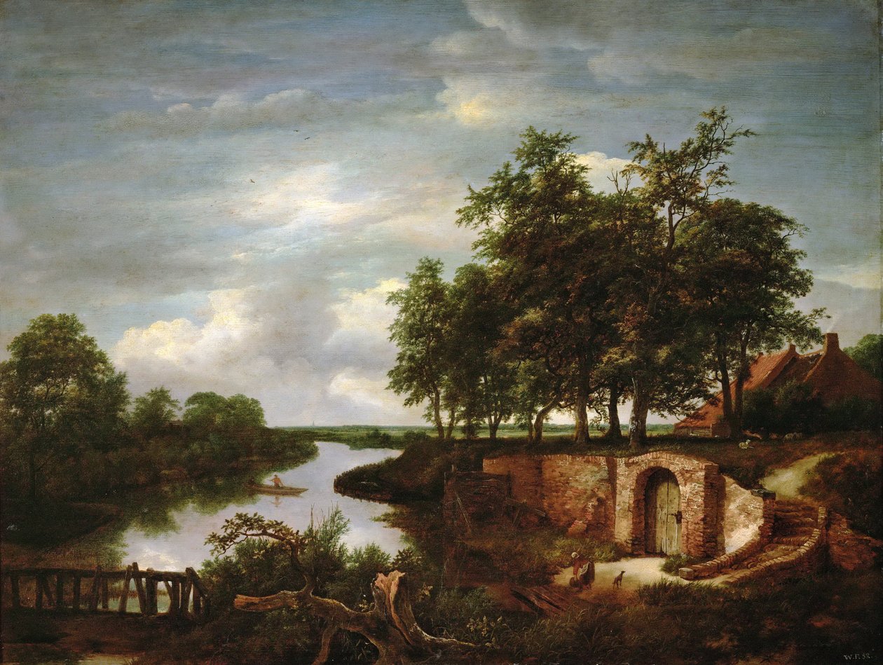 Rivierlandschap met kelderingang door Jacob van Ruisdael