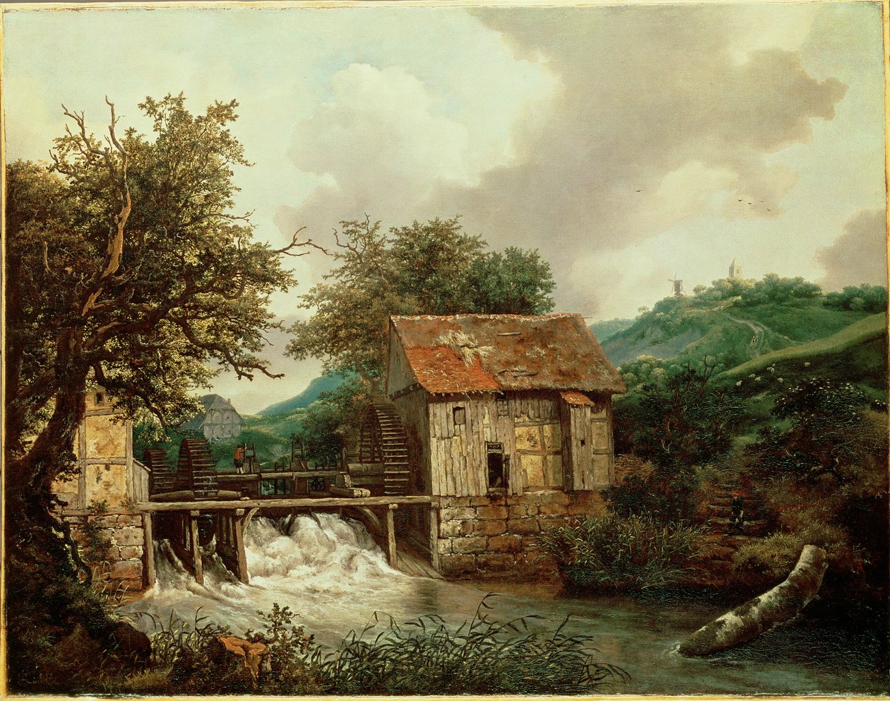 Twee watermolens en een open sluis bij Singraven, Nederland (olieverf op doek) door Jacob Isaaksz. or Isaacksz. van Ruisdael