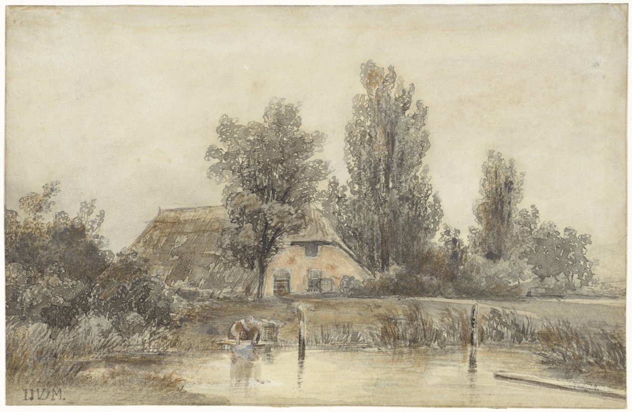 Boerderij en een wassende vrouw door Jacob Jan van der Maaten