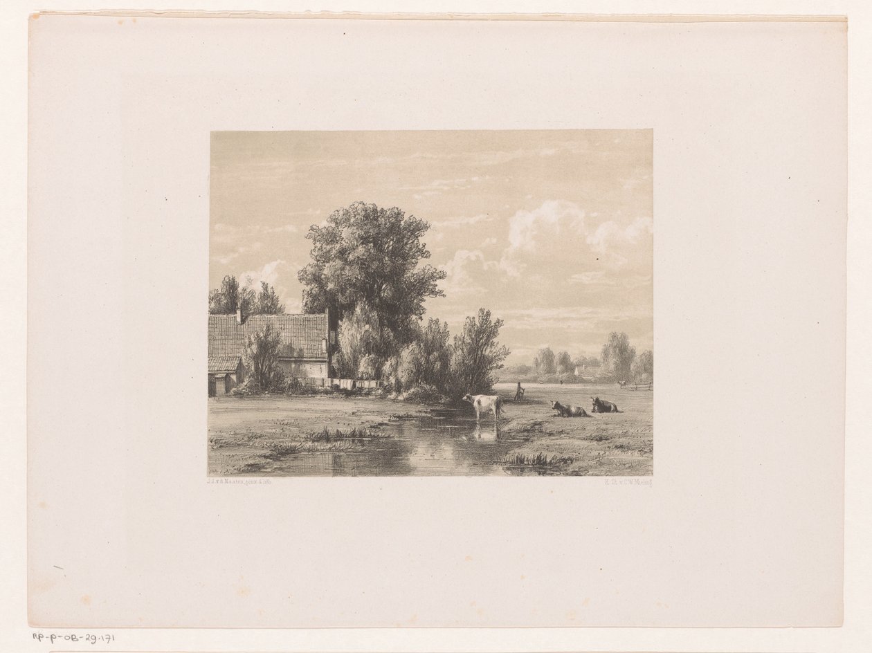 Landschap met boerderij en koe in het water door Jacob Jan van der Maaten