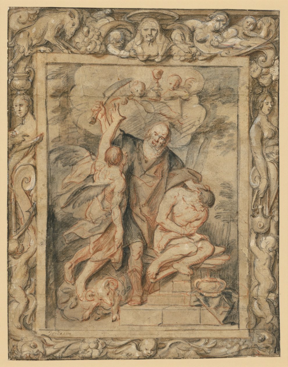 Het offer van Isaak (Gen. 22:1-12) in een figuratieve randversiering door Jacob Jordaens