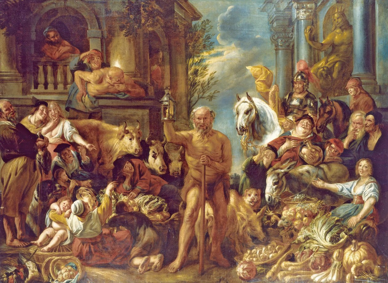 Diogenes op zoek naar een eerlijke man door Jacob Jordaens