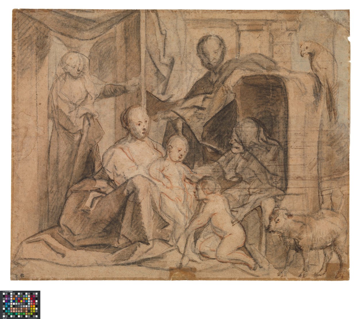 Duits: De Heilige Familie met Elisabeth en Johannes de Doper (achterkant: deur, deuropening en Hermes)
Nederlands: De Heilige Familie met Elisabeth en de kleine Johannes (keerzijde: Deur, deuropening en Hermes) door Jacob Jordaens
