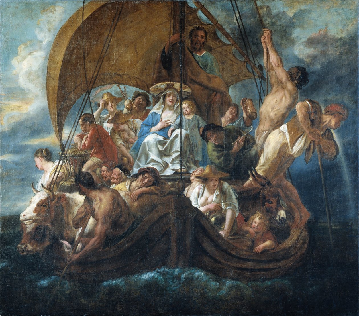 De Heilige Familie met verschillende personen en dieren in een boot door Jacob Jordaens