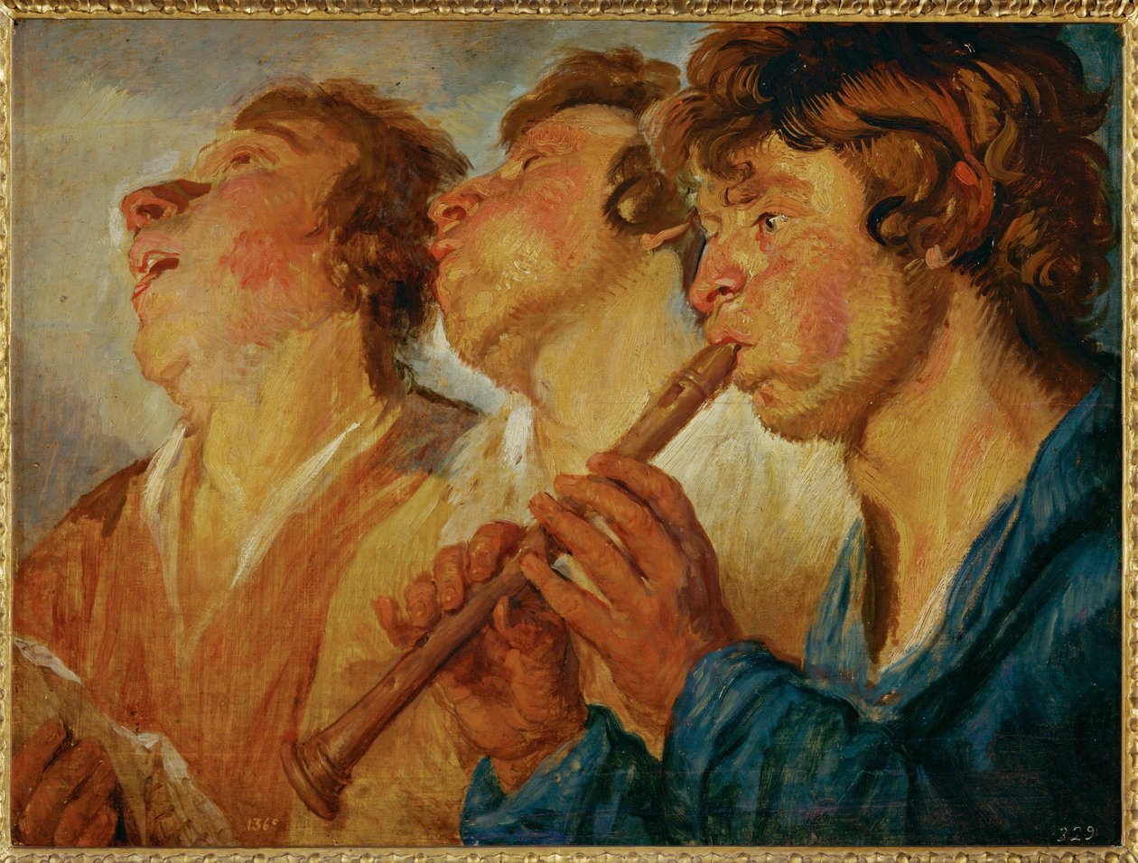 Drie rondtrekkende muzikanten, twee zingend, een derde spelend ... (schilderij op hout) door Jacob Jordaens