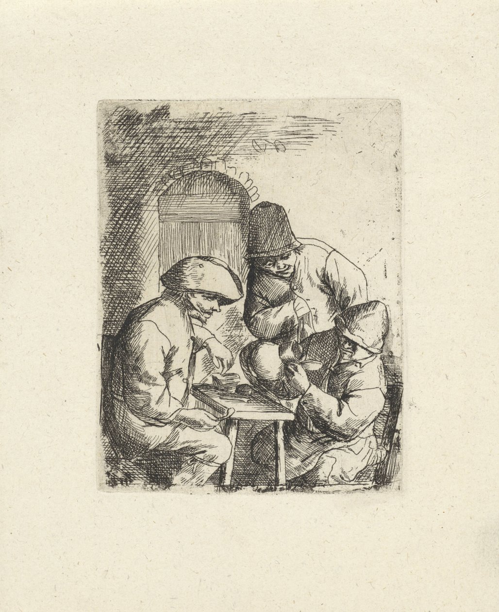 Drie mannen en een lege kruik door Jacob Laurensz. van der Vinne