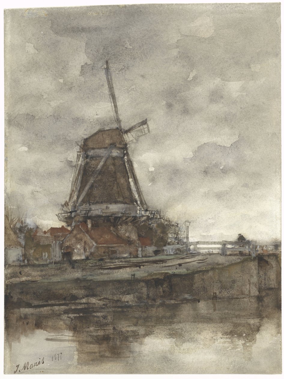 Molen en de brug bij de Noord-West-Buitensingel in Den Haag door Jacob Maris
