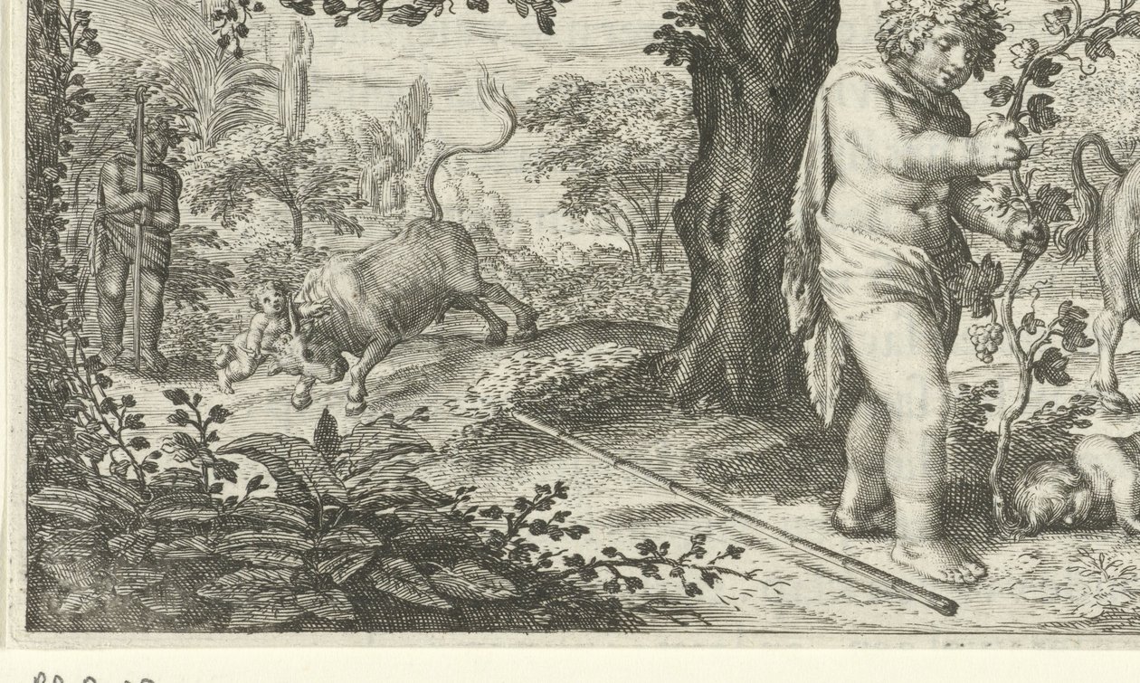 Bacchus en Ampelus door Jacob Matham