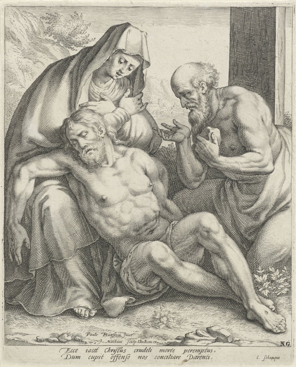 Bewening van Christus door Maria en H. Hieronymus door Jacob Matham