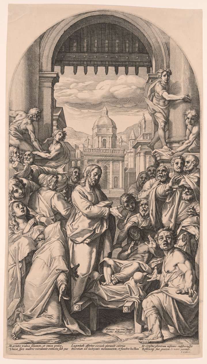 Christus wekt de dode zoon van de weduwe van Nain op door Jacob Matham