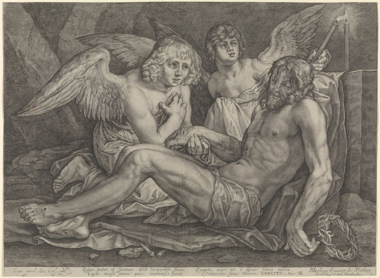 Christus in de graftombe, met twee engelen door Jacob Matham