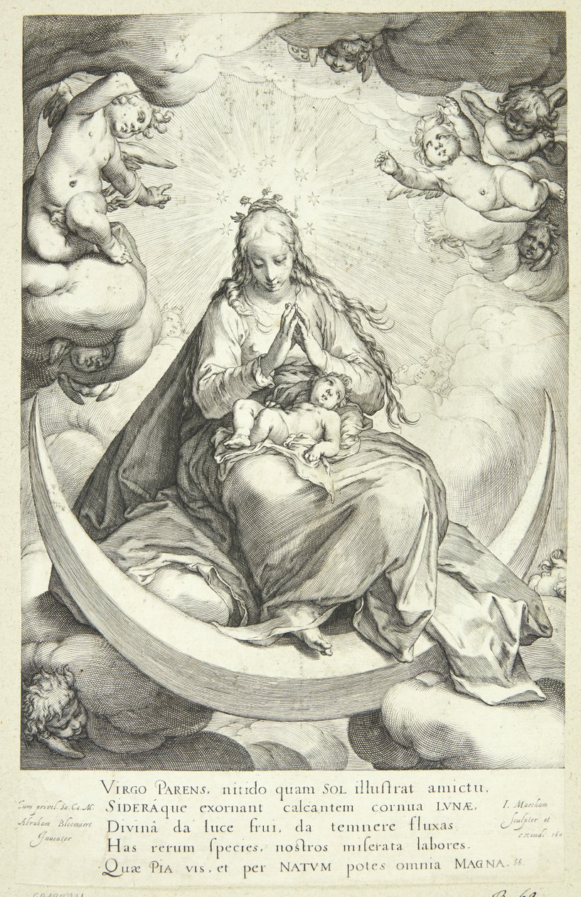 Maagd Maria met het Christuskind op de halve maan, omringd door engelen door Jacob Matham