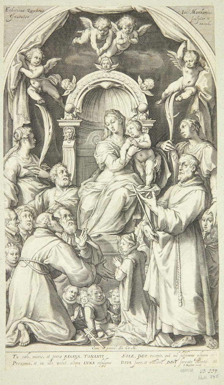 Maria en het kind met beschermheren en heiligen (Sint Lucia, Catharina van Alexandrië, Franciscus van Assisi en leden van de Zuccaro-familie) door Jacob Matham