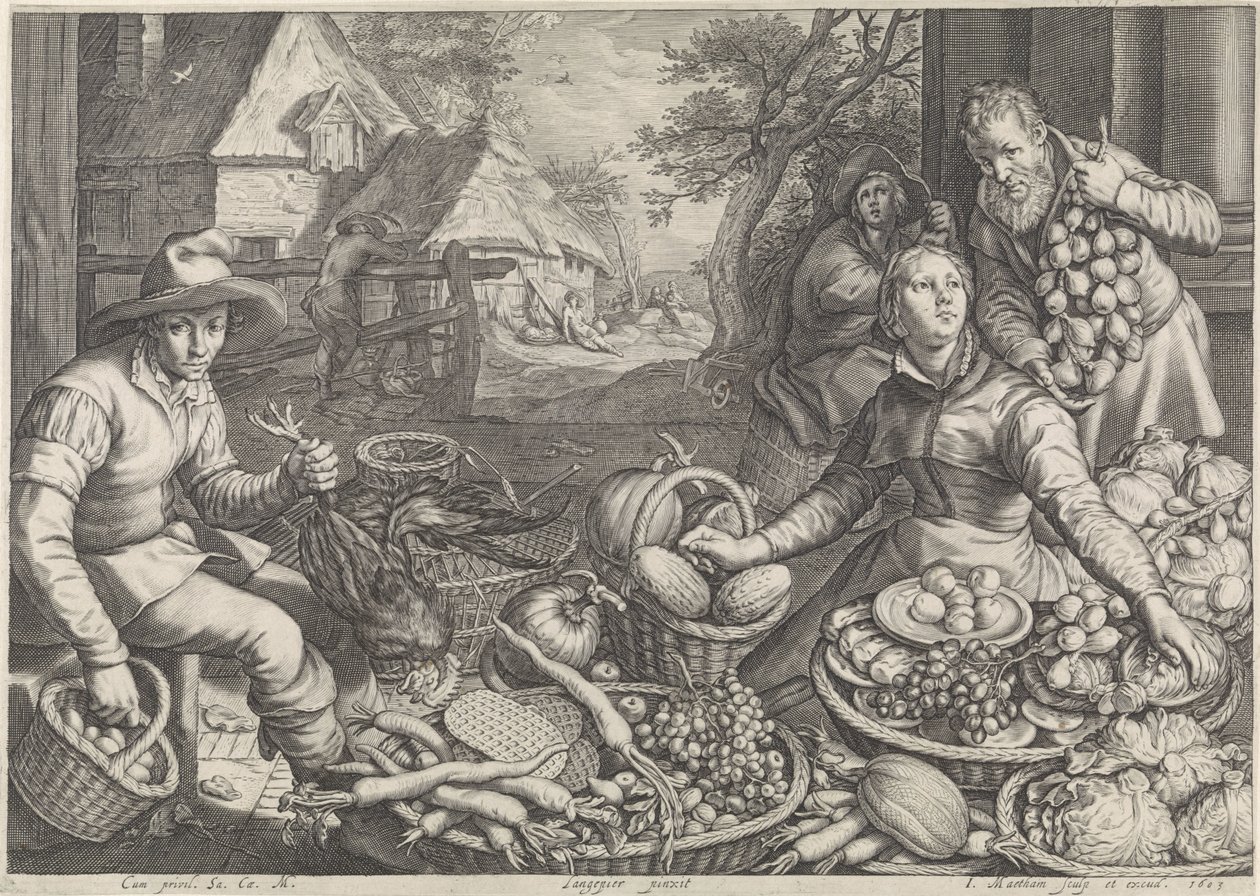 Marktscène en de rust op de vlucht naar Egypte (Keuken- en marktscènes met bijbelse scènes) door Jacob Matham