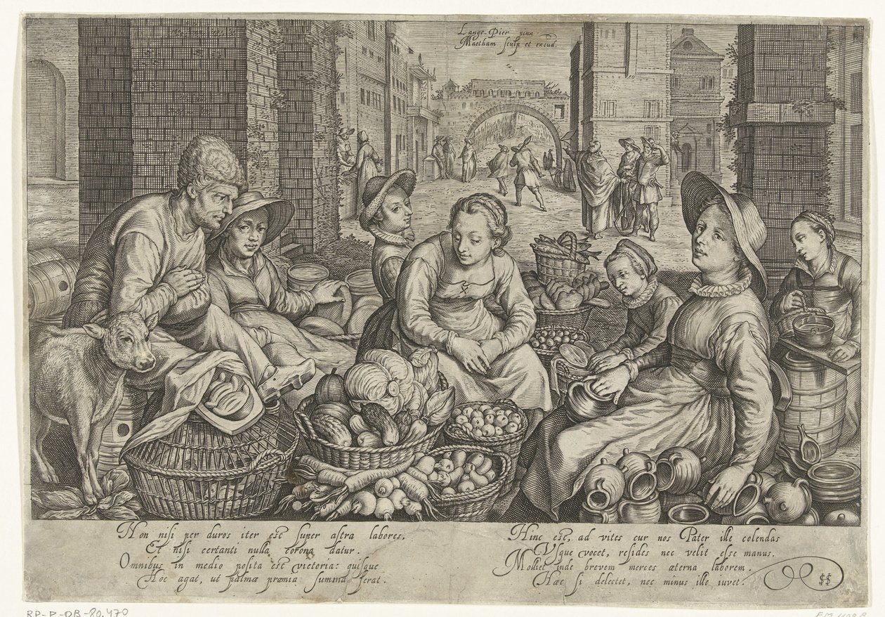 Marktscène met in de achtergrond de parabel van de arbeiders in de wijngaard, ca. 1600 door Jacob Matham