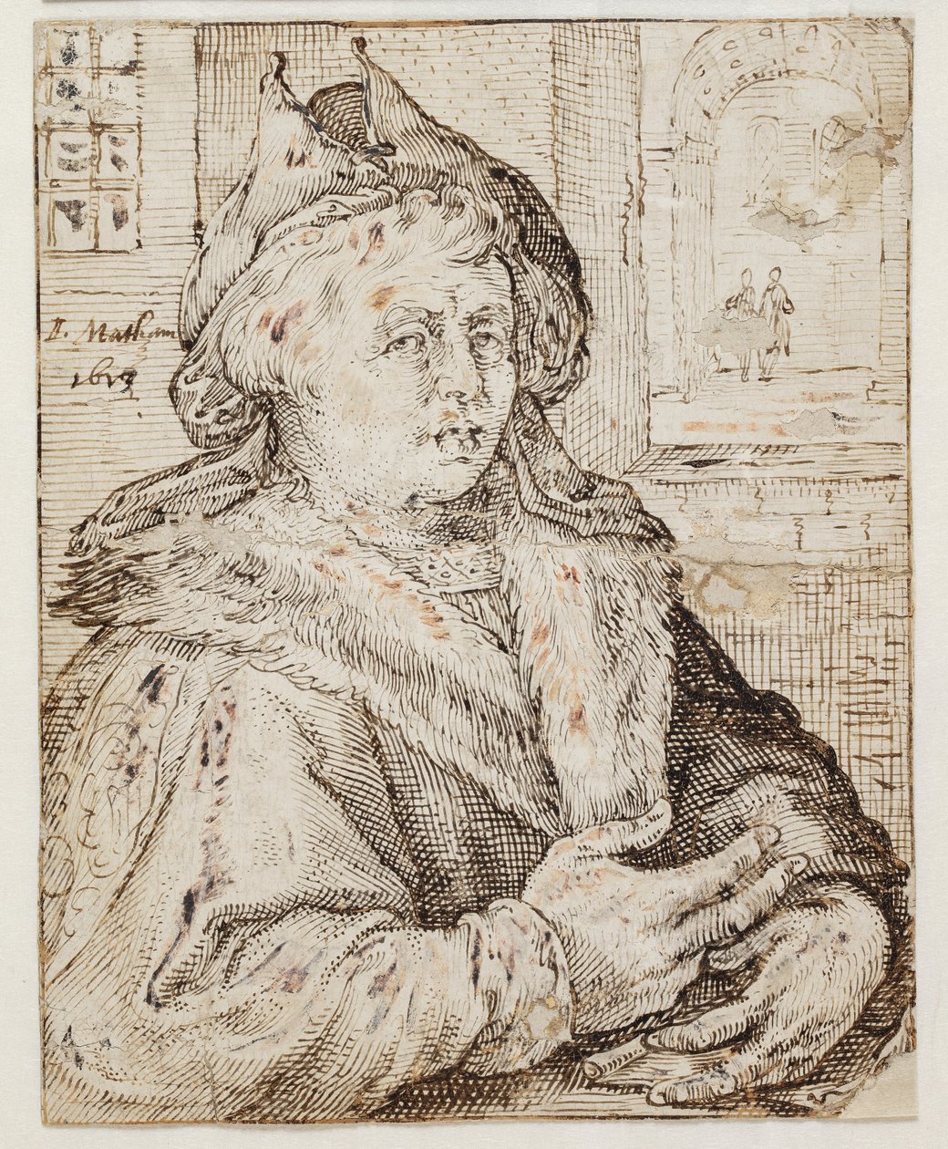Portret van een man met muts en pelsomrande mantel, naar rechts gekeerd. Rechtsboven door een raamopening uitzicht op andere kamers door Jacob Matham