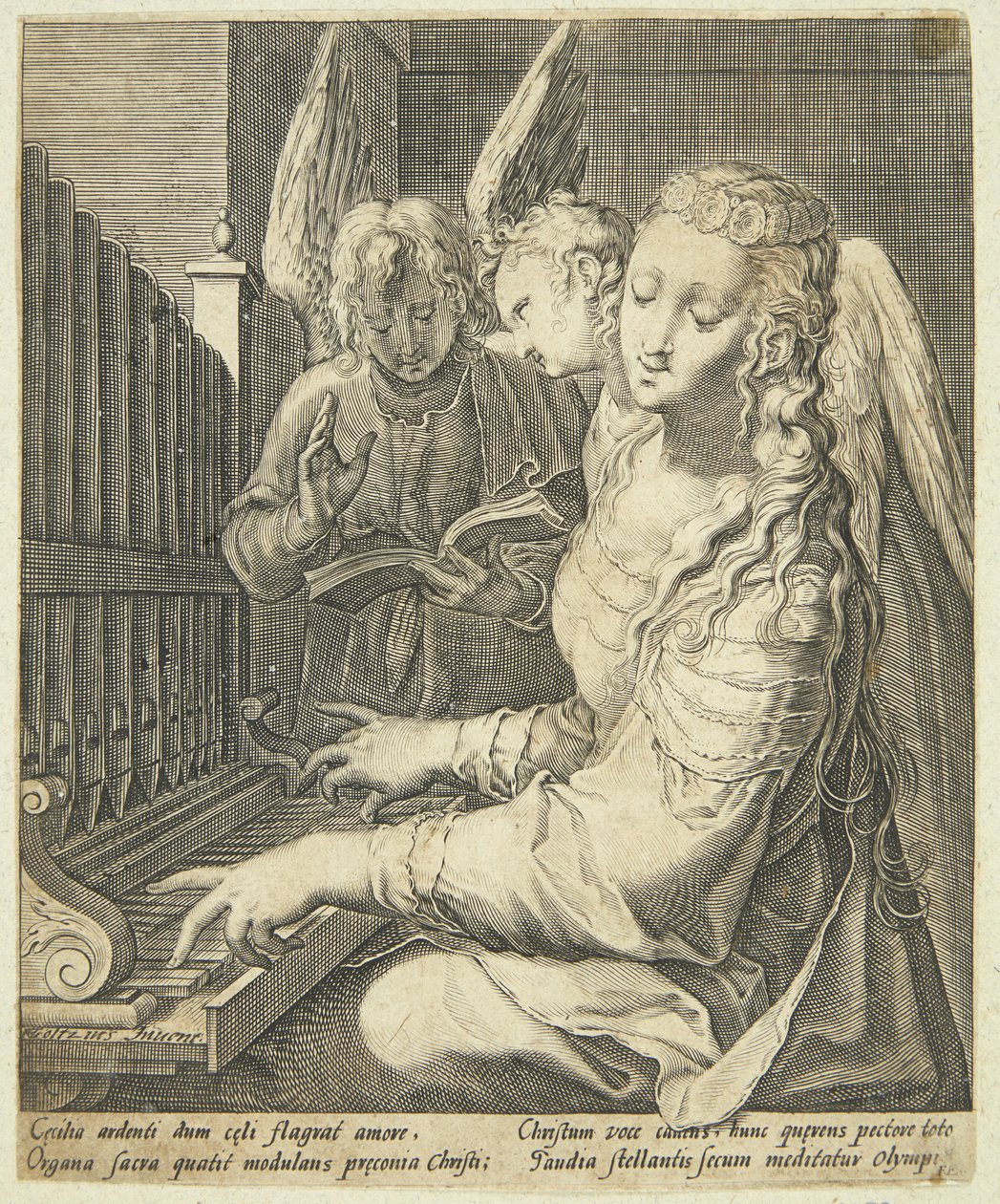 Sint Cecilia spelend op het orgel door Jacob Matham