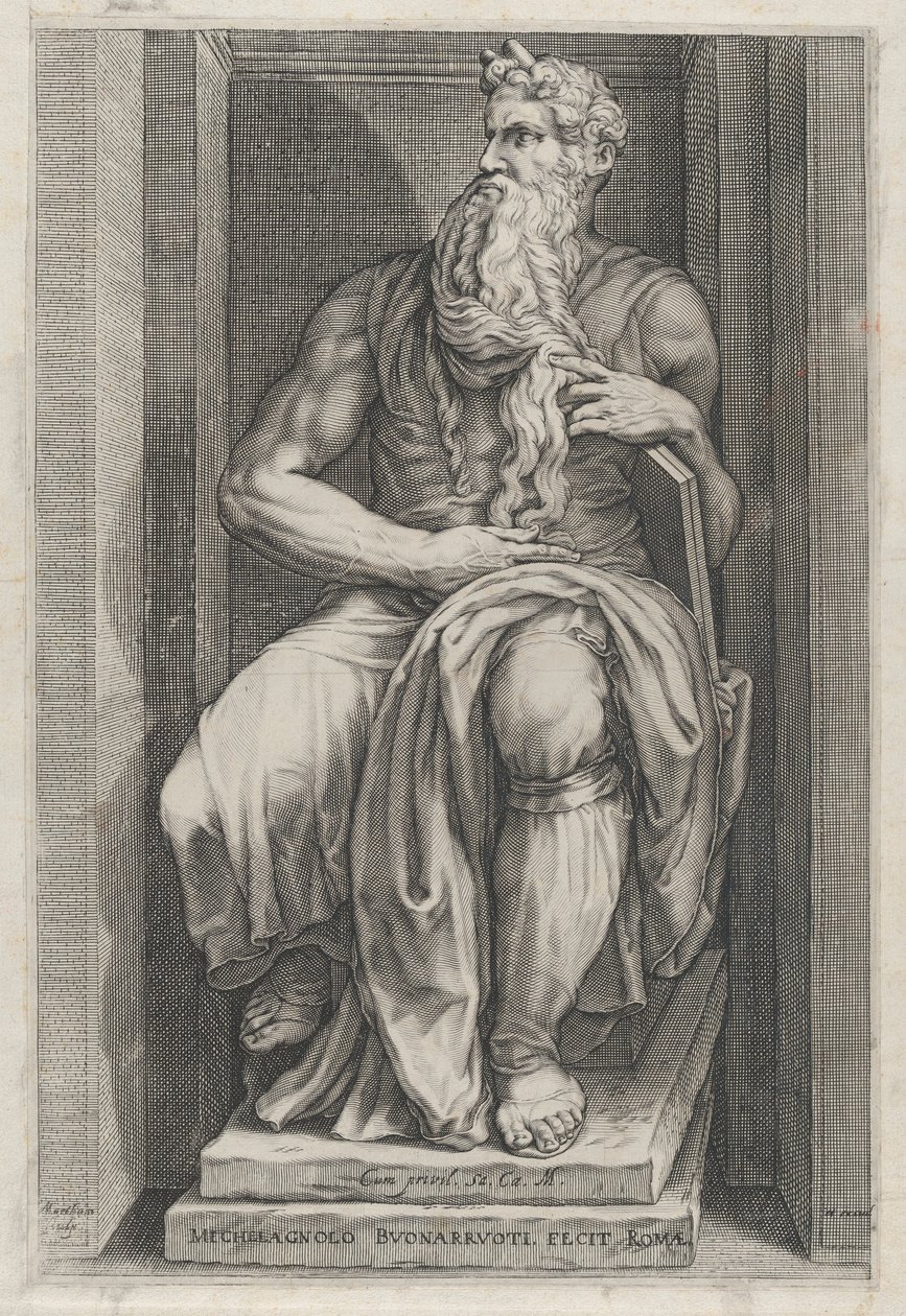 Speculum Romanae Magnificentiae: Mozes naar het beeldhouwwerk van Michelangelo, 16e eeuw door Jacob Matham