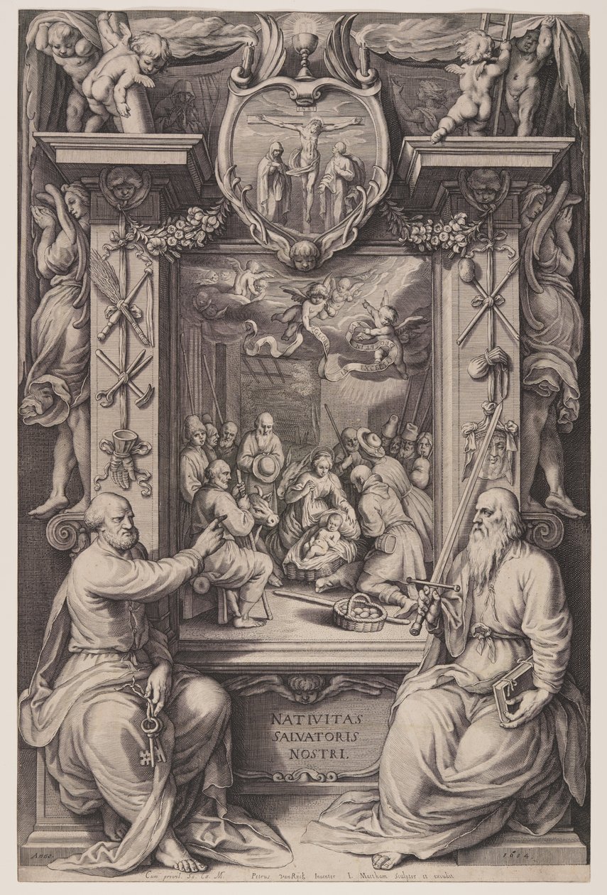 De aanbidding van de herders met Petrus en Paulus door Jacob Matham