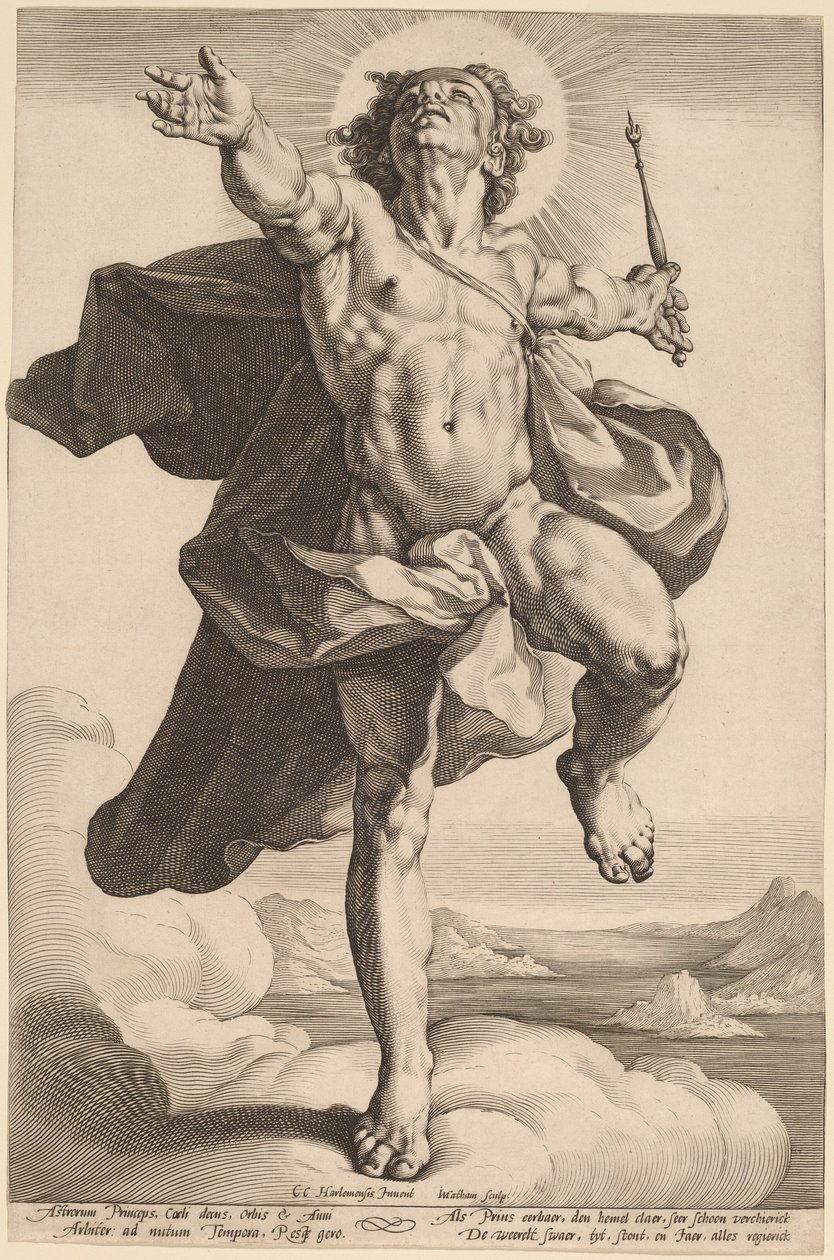 Apollo als Sol door Jacob Matham, after Cornelis Cornelisz van Haarlem