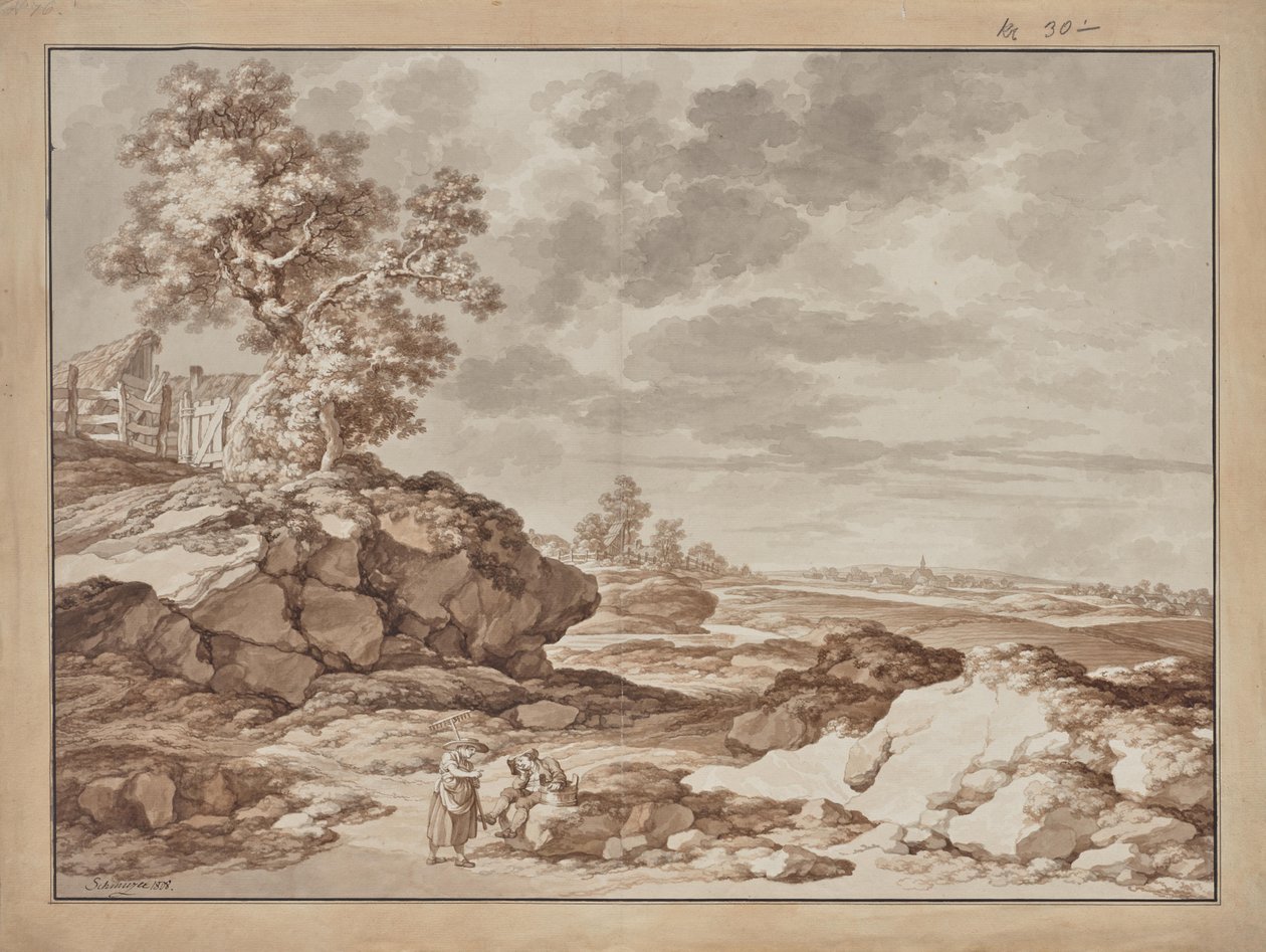 Landschap met dorp en twee boeren door Jacob Matthias Schmutzer