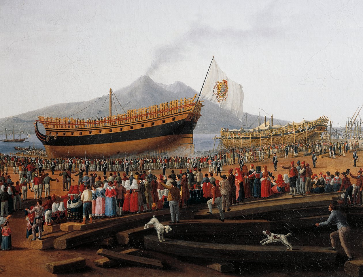Te water laten van schip in scheepswerf van Castellammare di Stabia door Jacob Philippe Hackert