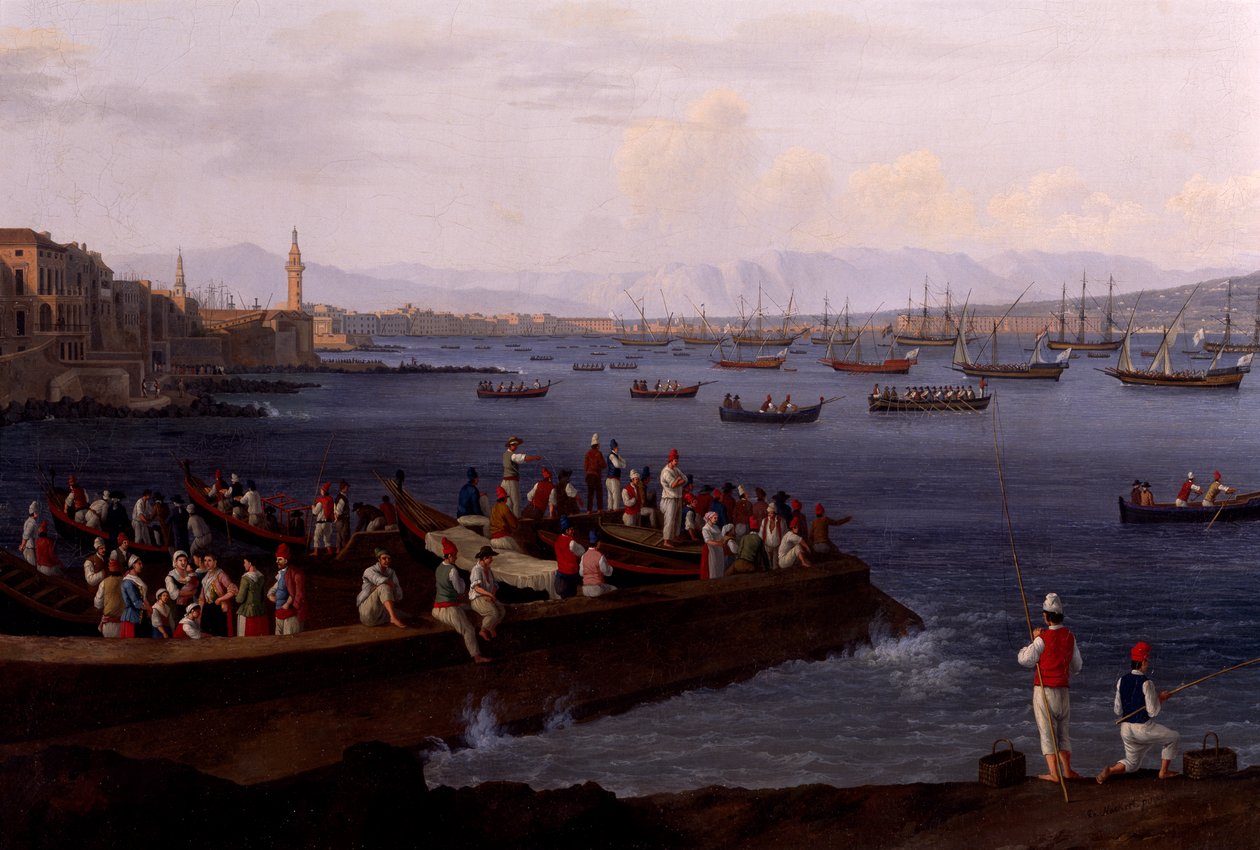 De Baai van Napels bij Santa Lucia met de terugkerende vloot uit Algiers door Jacob Philippe Hackert