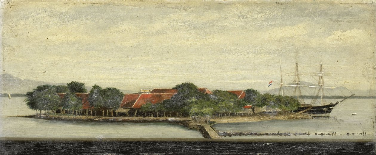 Gezicht op het eiland Kuiper in de baai van Batavia door Jacob Pieter Mercier