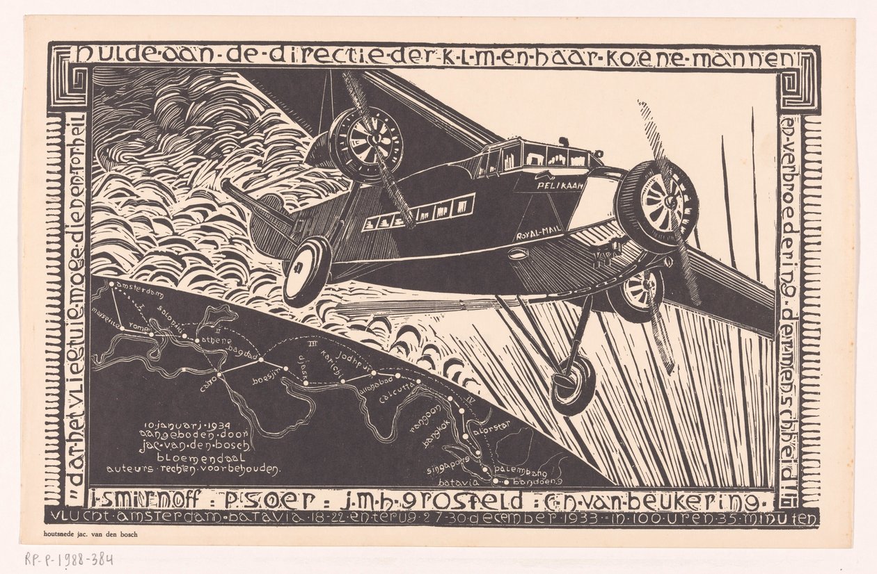 Vlucht van de Pelikaan van Amsterdam naar Batavia in 1933 door Jacob Pieter van den Bosch