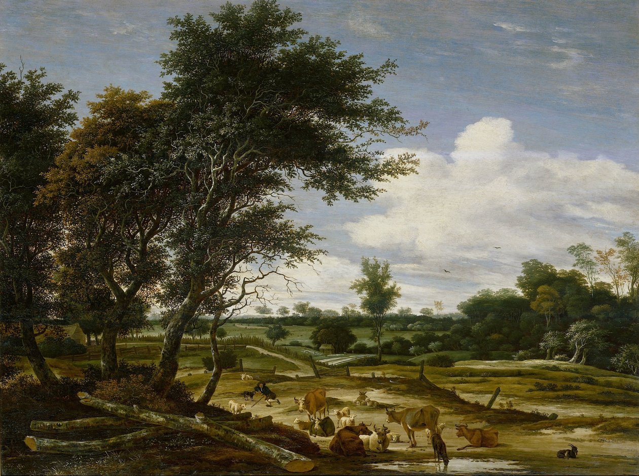 Landschap met herders en vee door Jacob Salomonsz. van Ruysdael