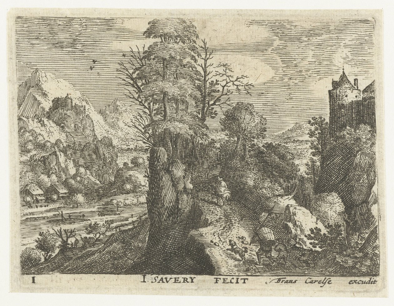 Landschap met reizigers op steile rots door Jacob Savery (I)