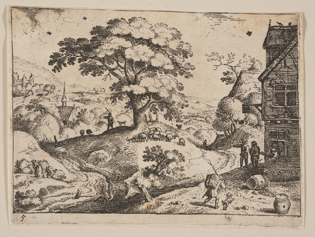 Herberg rechts van de weg voor het dorp, van Landscapes door Jacob Savery I