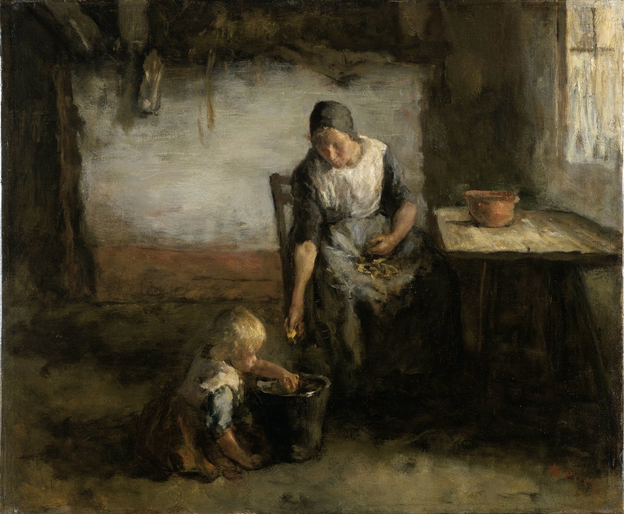 Vrouw die aardappelen schilt door Jacob Simon Hendrik Kever