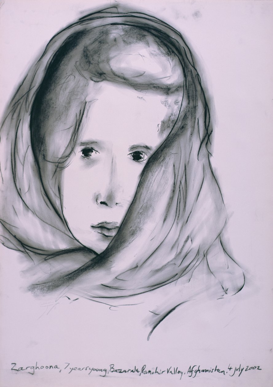 Zarghoona, Panshir Vallei, Afghanistan, 4 juli 2002 (houtskool op papier) door Jacob Sutton