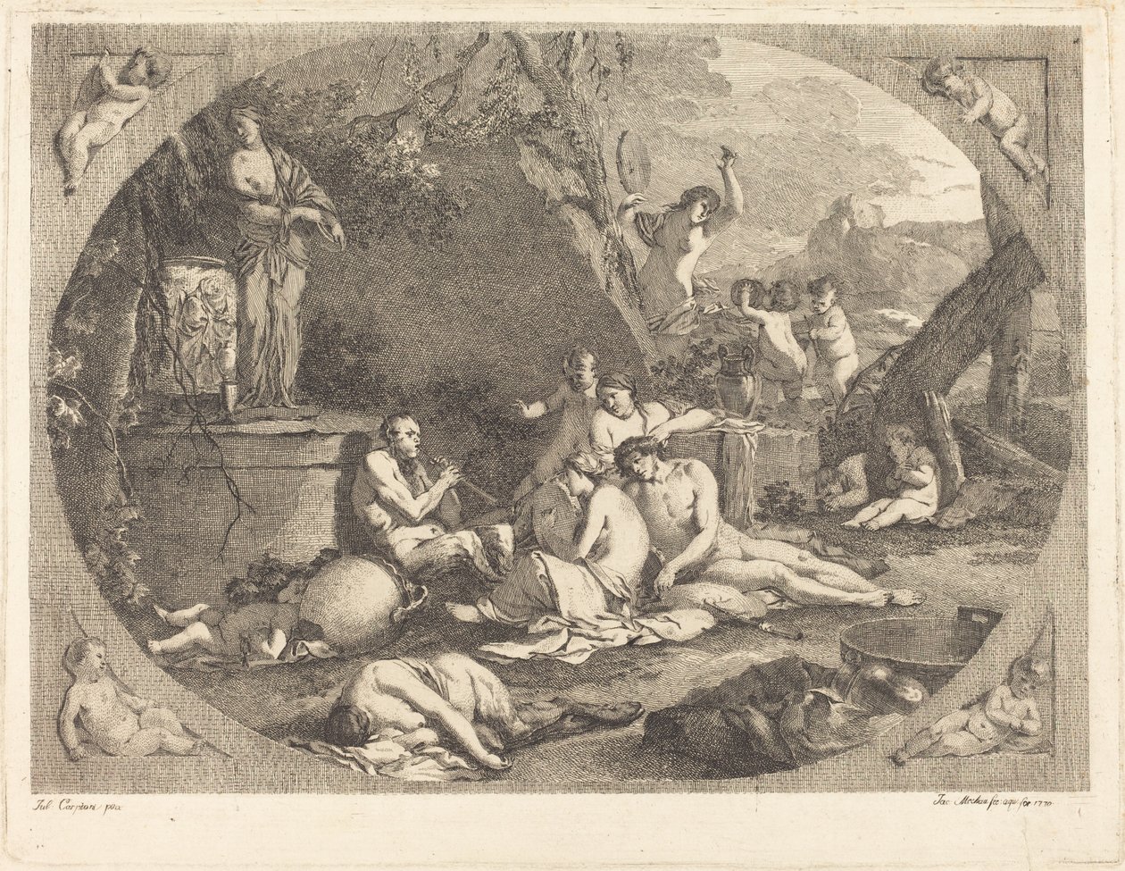 Bacchanaal door Jacob Wilhelm Mechau after Giulio Carpioni