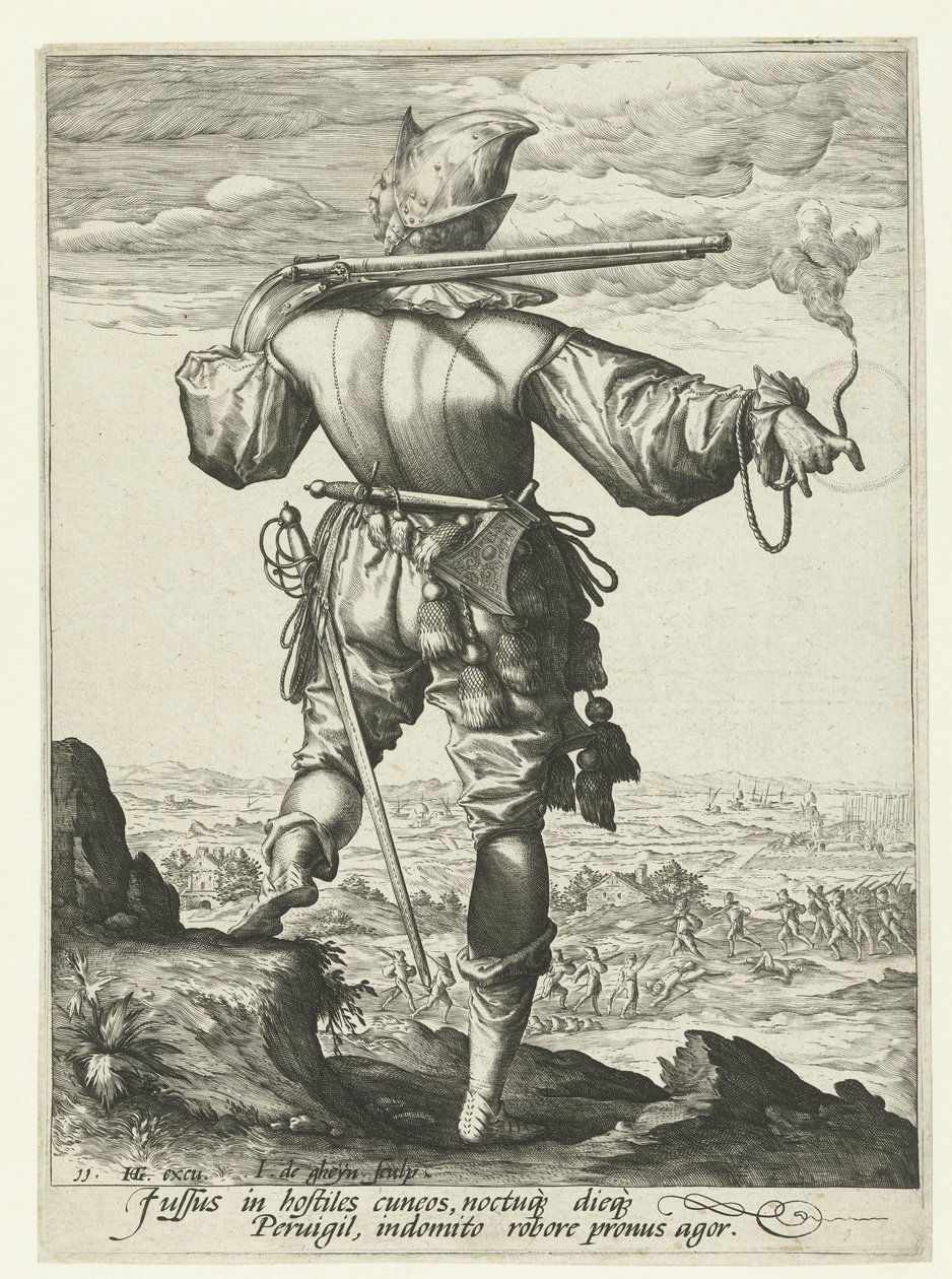 Musketier met helm op door Jacob de Gheyn (II)