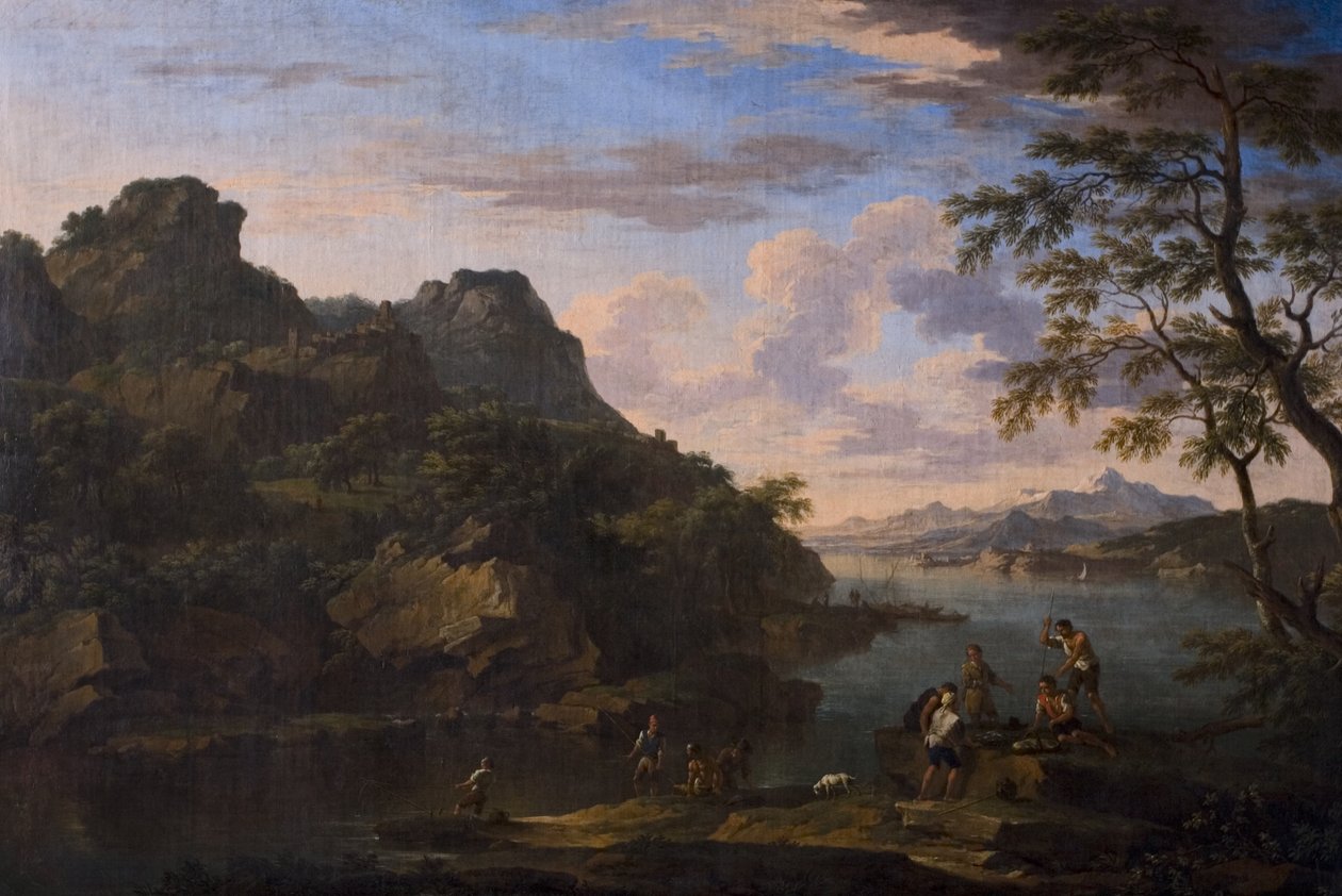 Klassiek landschap met figuren, laat 17e eeuw door Jacob de Heusch