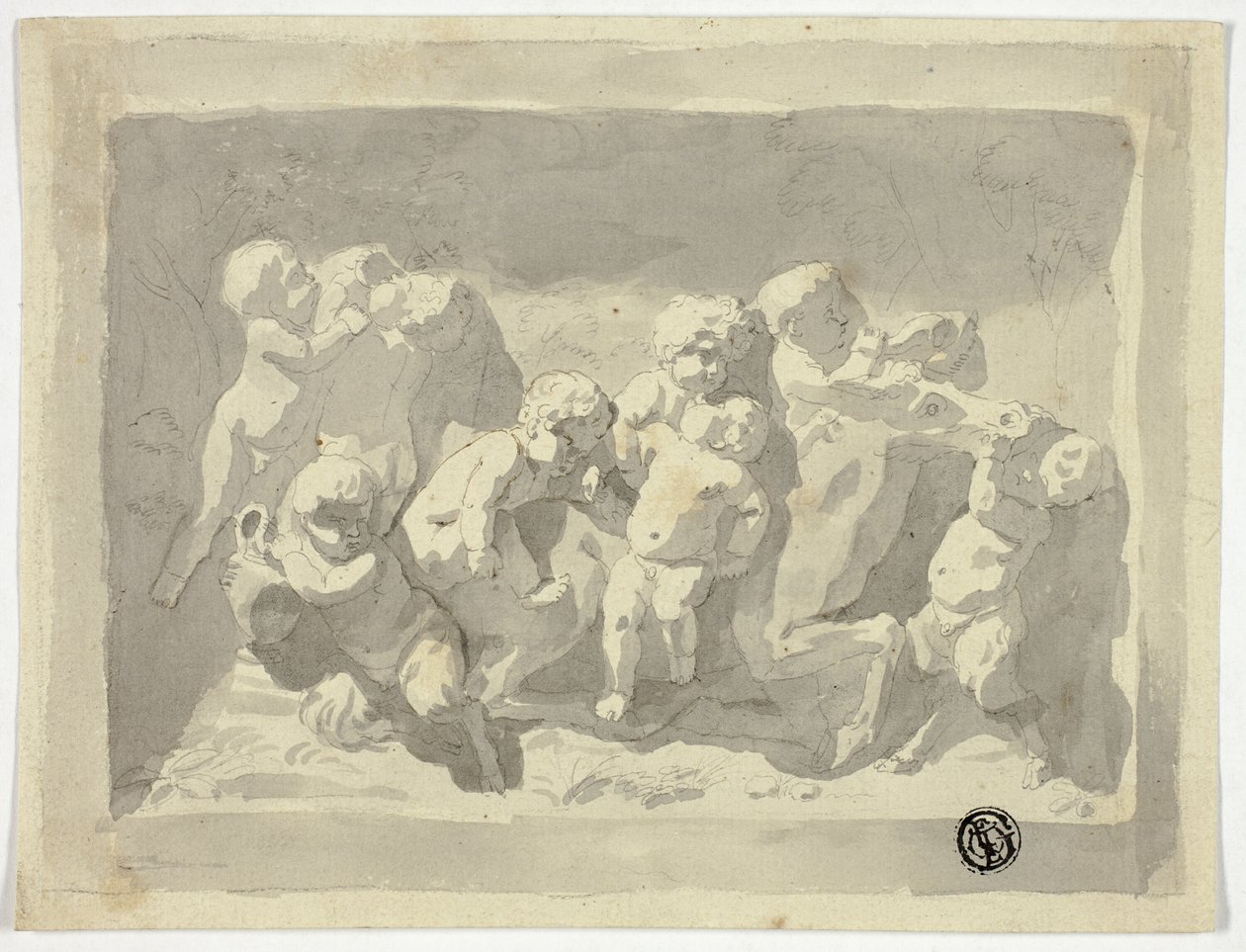 Baby Saters en Putti spelen met ezel door Jacob de Wit