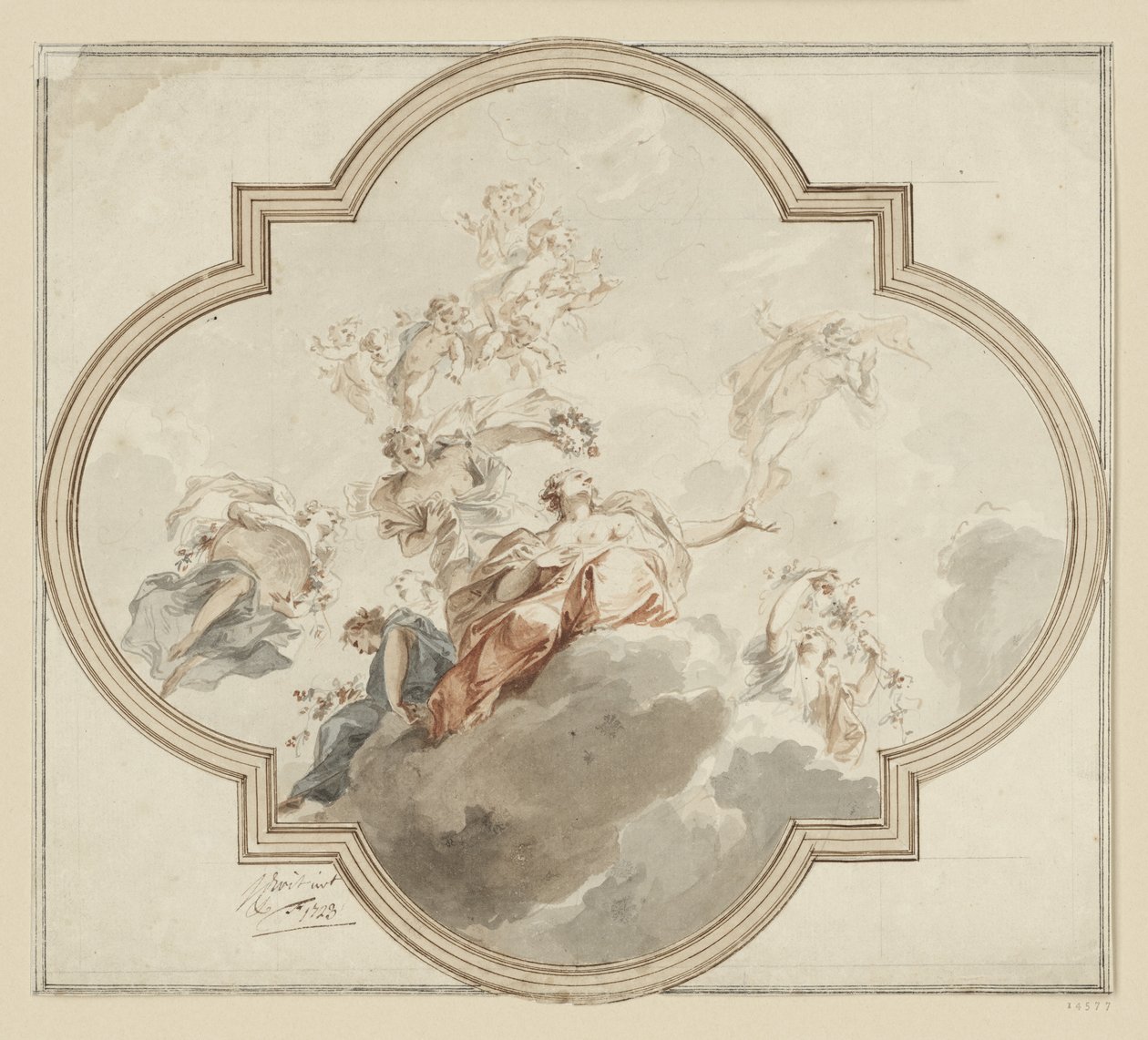 Ontwerp voor het plafond. Zephir en Flora door Jacob de Wit