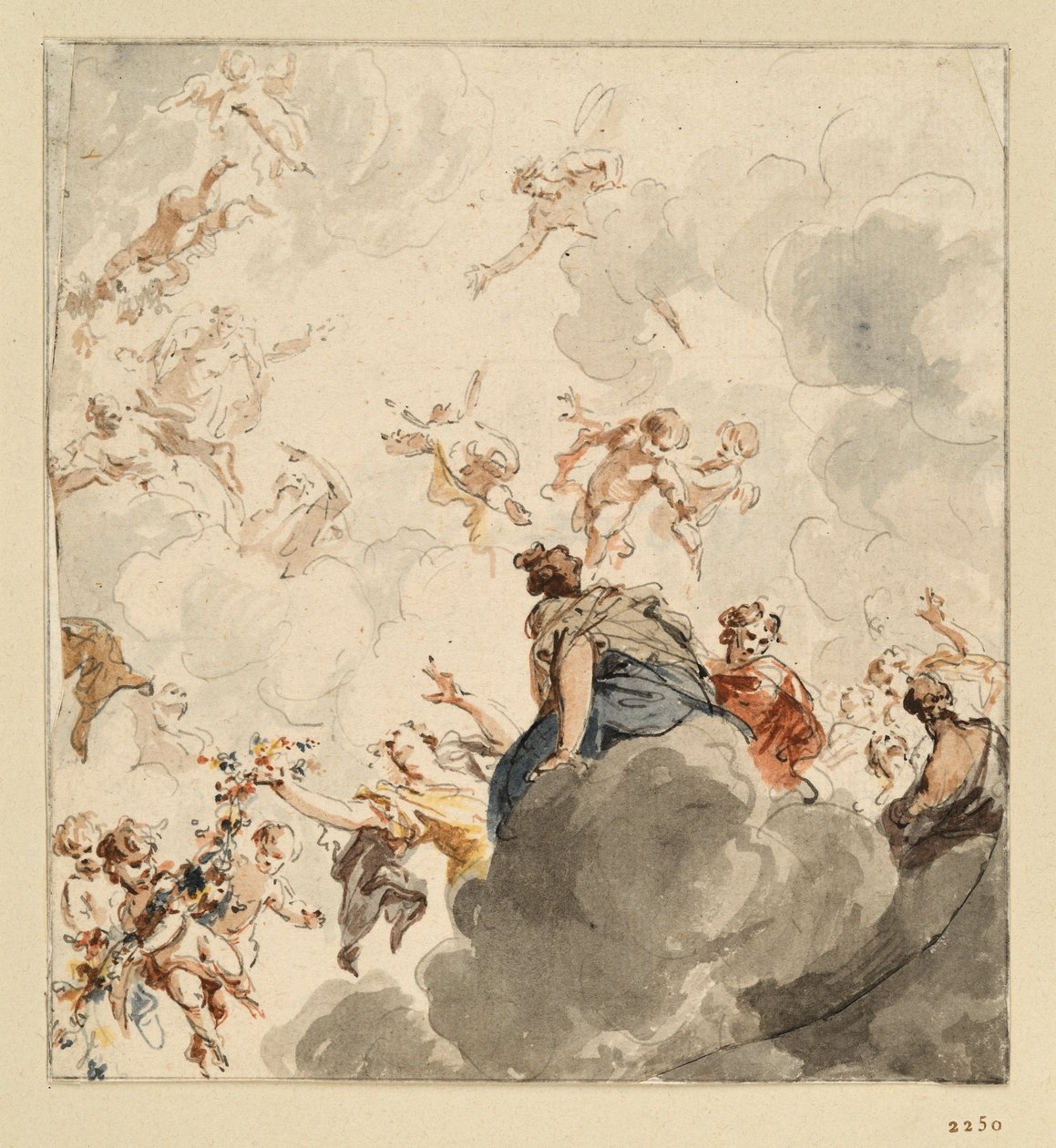 Ontwerp voor een plafond met vrouwelijke figuren die op wolken zitten en amoretjes met bloemen in de lucht door Jacob de Wit