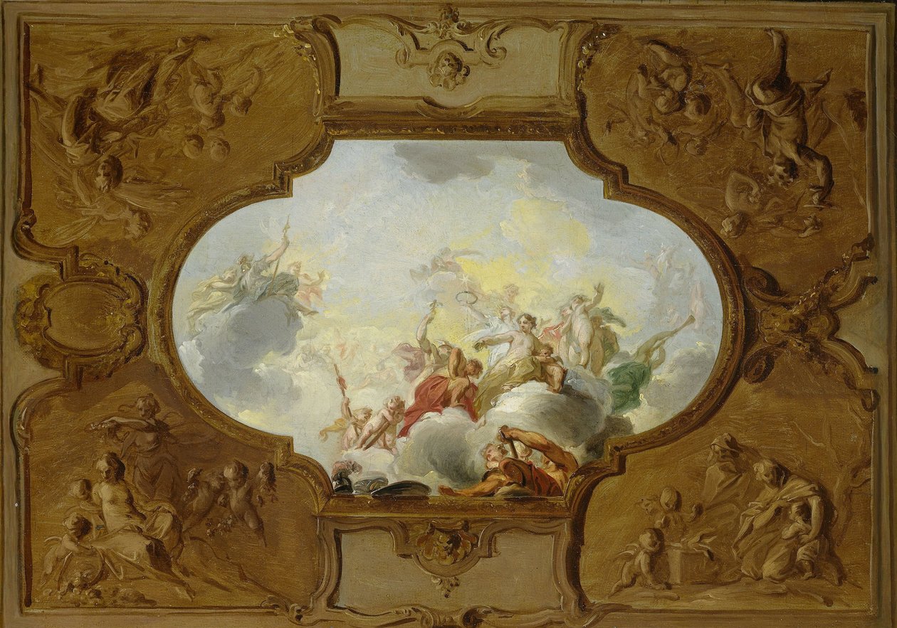 Ontwerp voor een plafondschildering met de apotheose van Aeneas, in de hoeken de vier seizoenen door Jacob de Wit