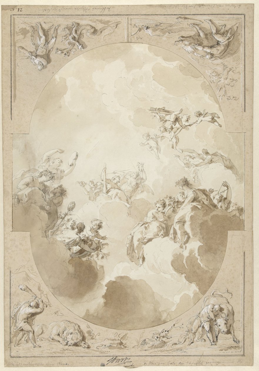 Ontwerp voor een plafondschildering met de apotheose van Hercules en vier van zijn werken door Jacob de Wit