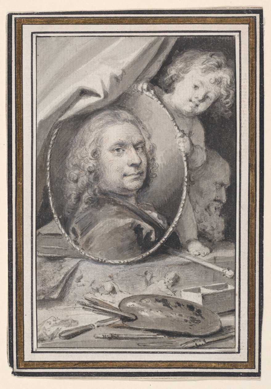 Zelfportret binnen een decoratieve allegorische omlijsting door Jacob de Wit