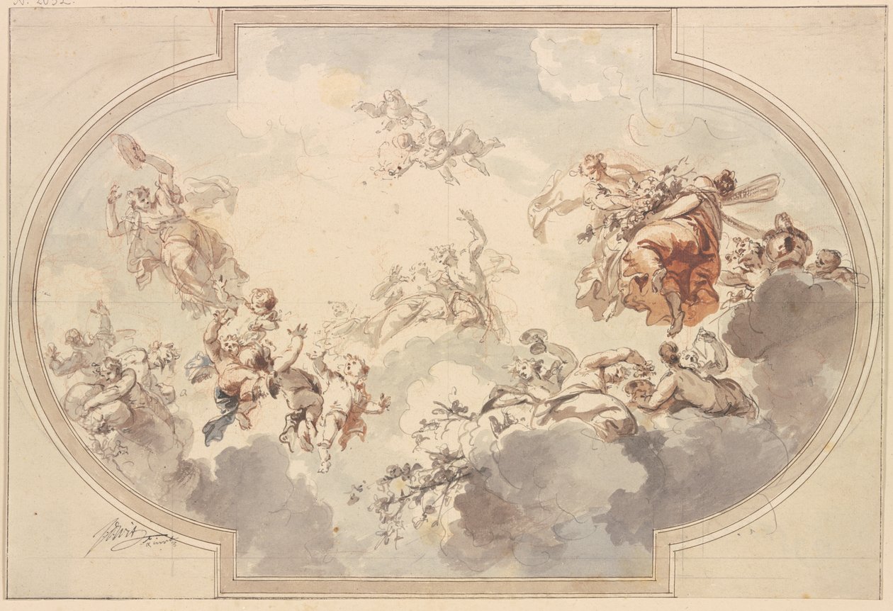 Vele genieën en bacchanten zweven in wolken door Jacob de Wit